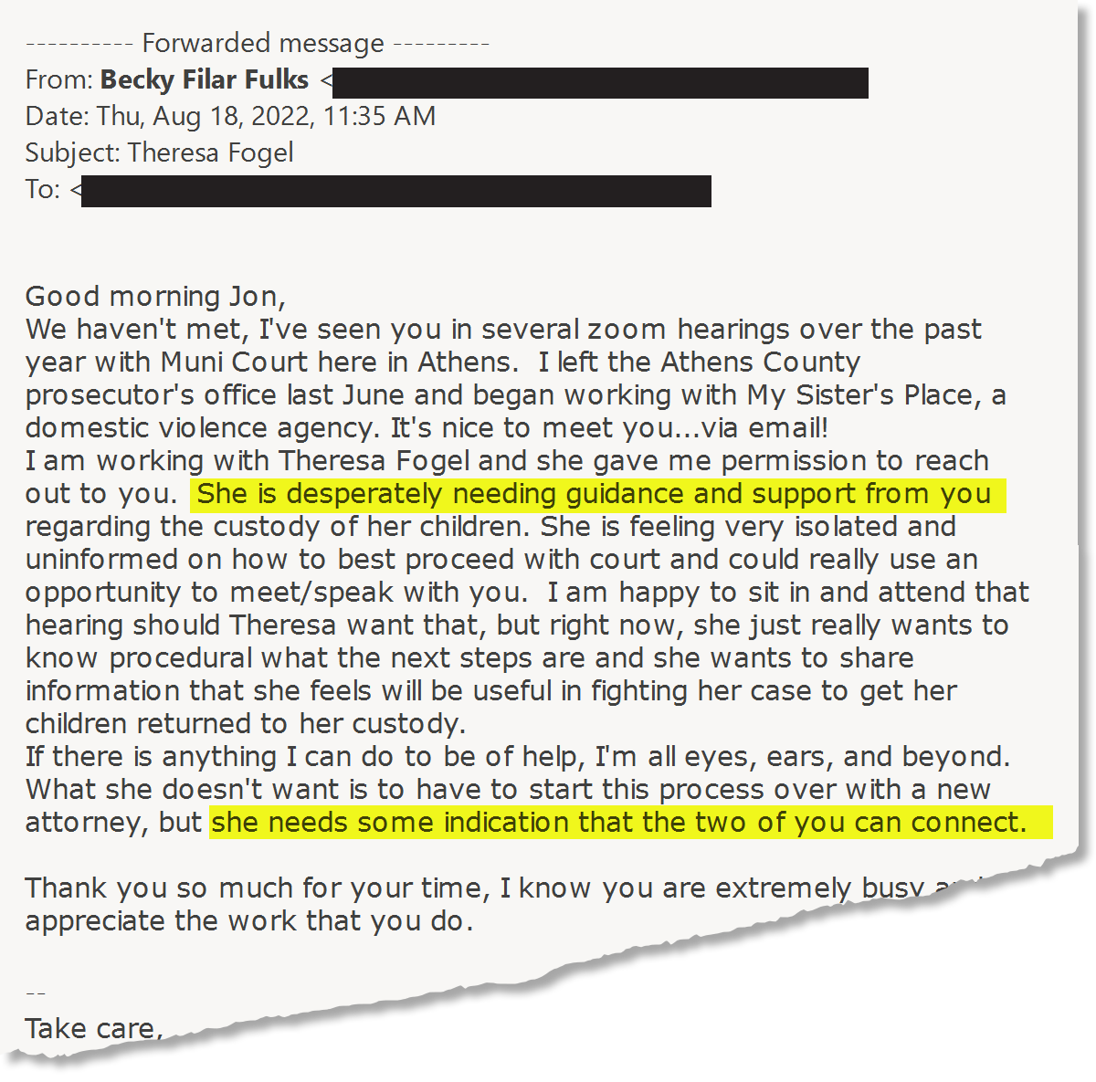 An email from Becky Fulks to defense attorney Jon Getson