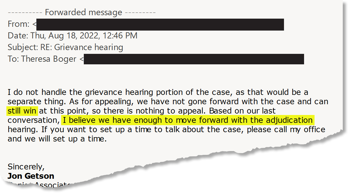 An email from defense attorney Jon Getson to Theresa Fogel