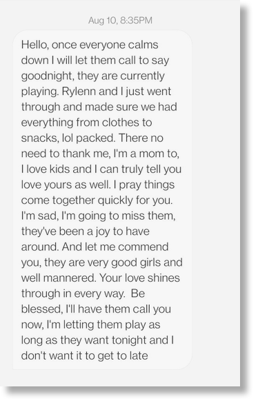 A text message from Rylenn and Everly's new foster mother in Heath