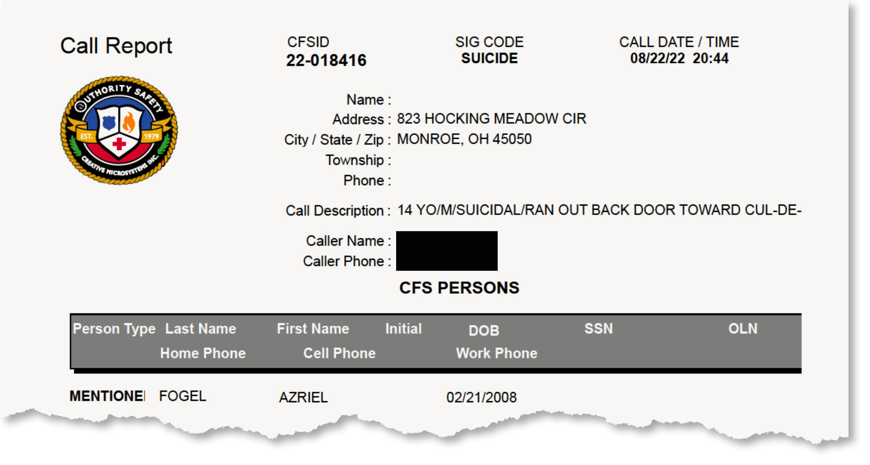 A police report from a call about Azriel Fogel being suicidal