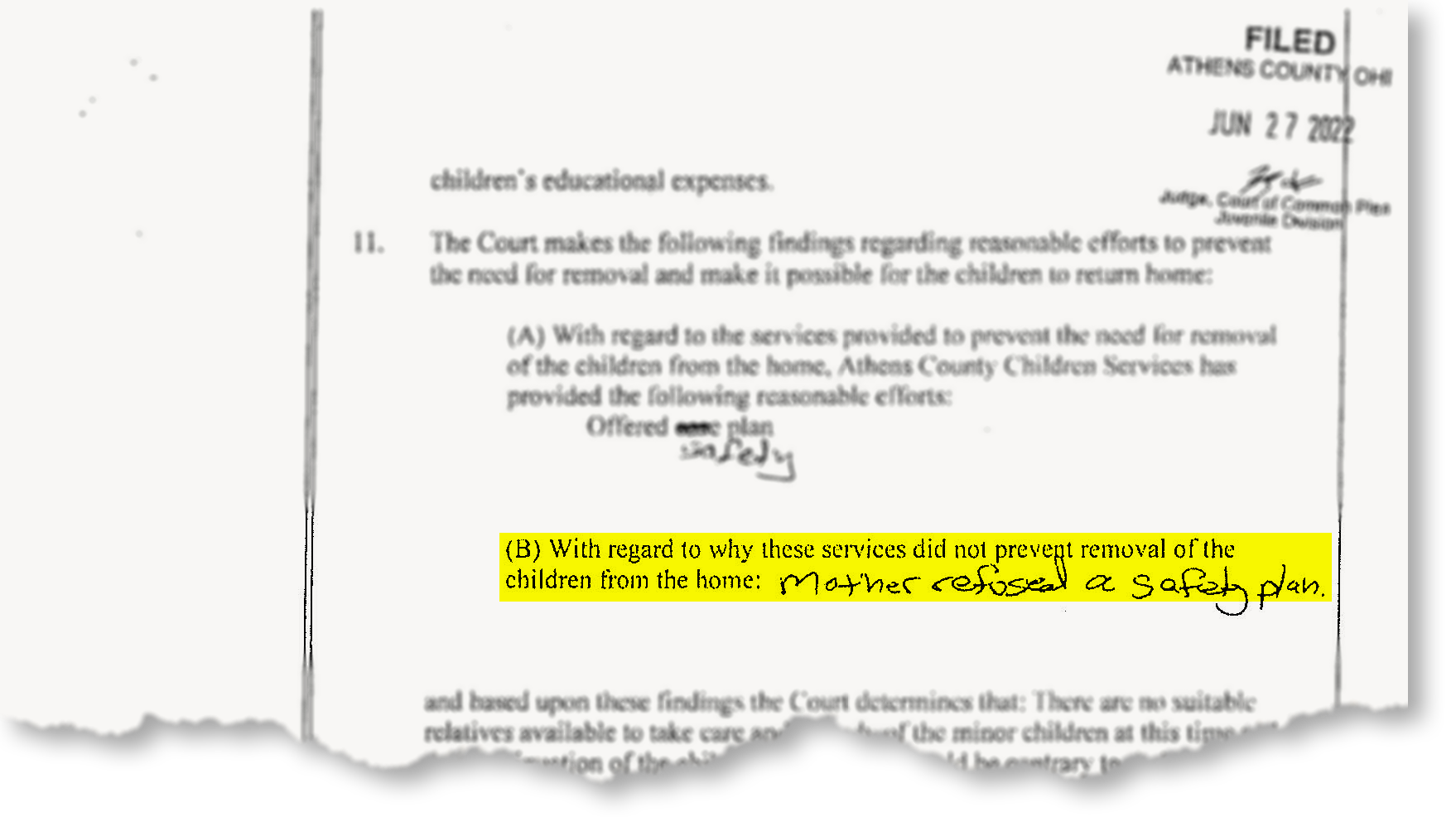 Court document indicating that mother refused a safety plan