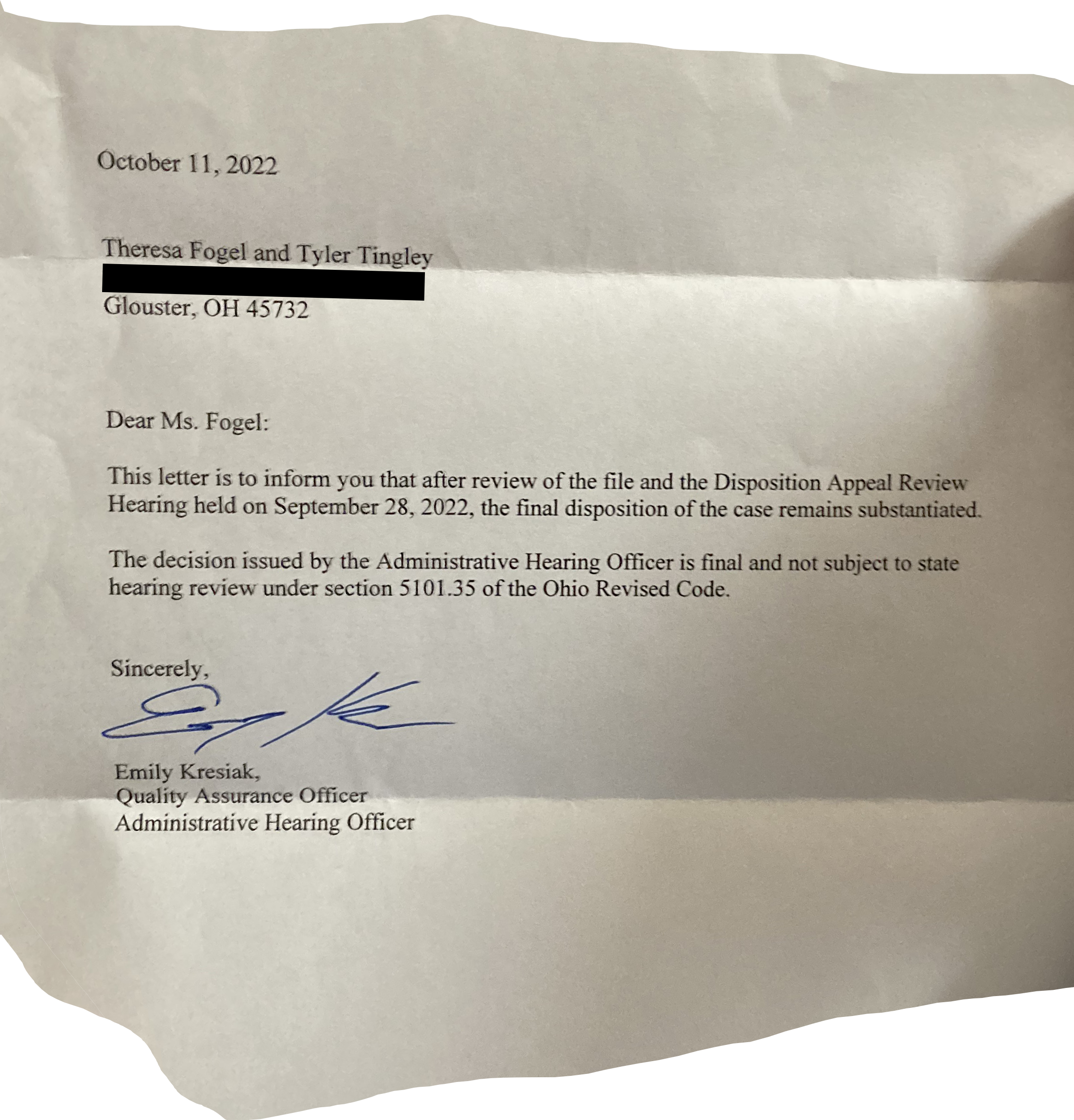The letter Theresa Fogel received from Children Services after her disposition appeal revierw hearing hearing