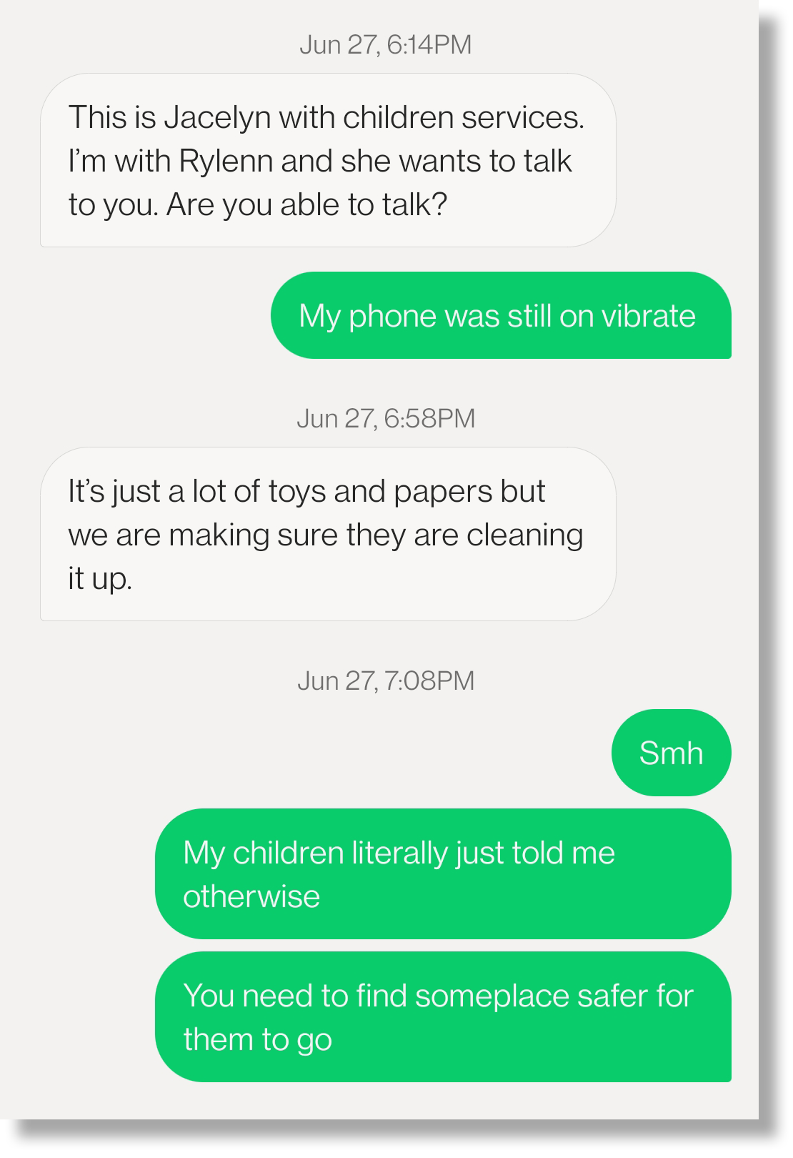 A text exchange between Jacelyn McGaughey and Theresa Fogel about the foster home