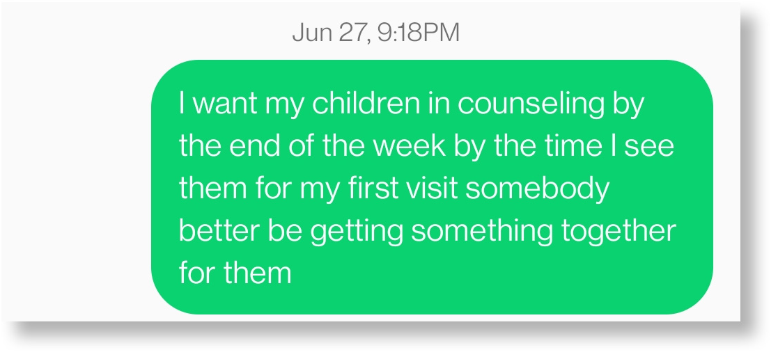 A text message Theresa Fogel sent to caseworker Jacelyn McGaughey about getting her children into counseling